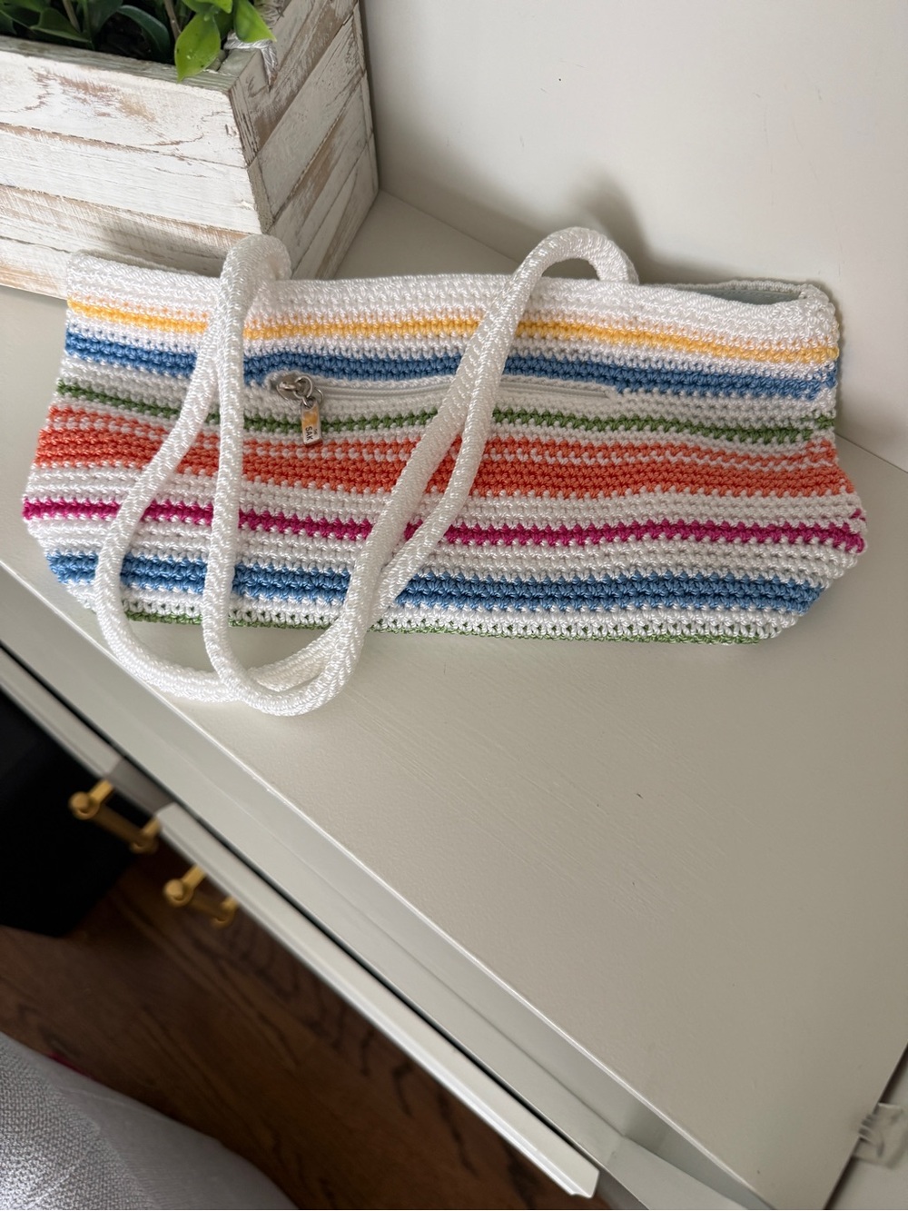 The Sak Crochet Striped Tote Bag White Multicolor Shoulder Purse